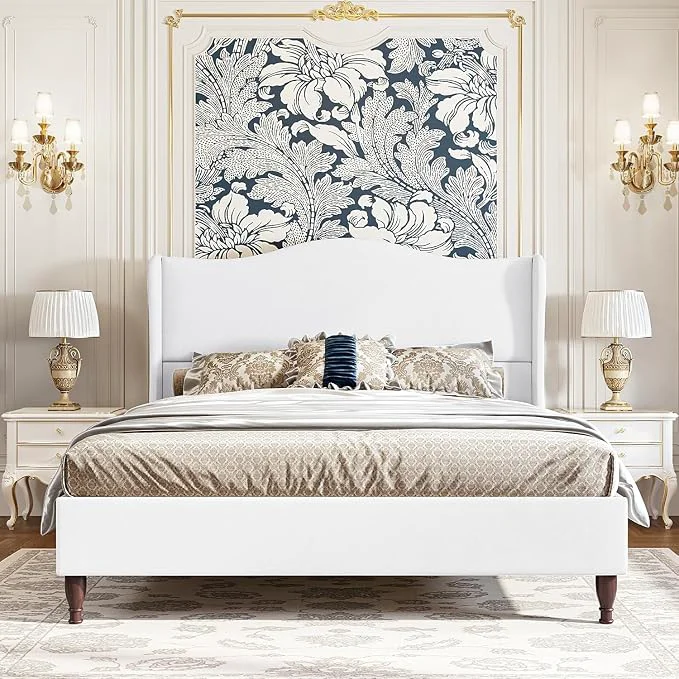 Superior koorlian Full Size Upholstered Bed Frame with 51 39 39 Tall Headboard White Reinforced Platform Bed Easy Assembly Soft Fabric Sleigh Wingback Solid Wood Retro Legs Noise- Classic amp Simple Stylish