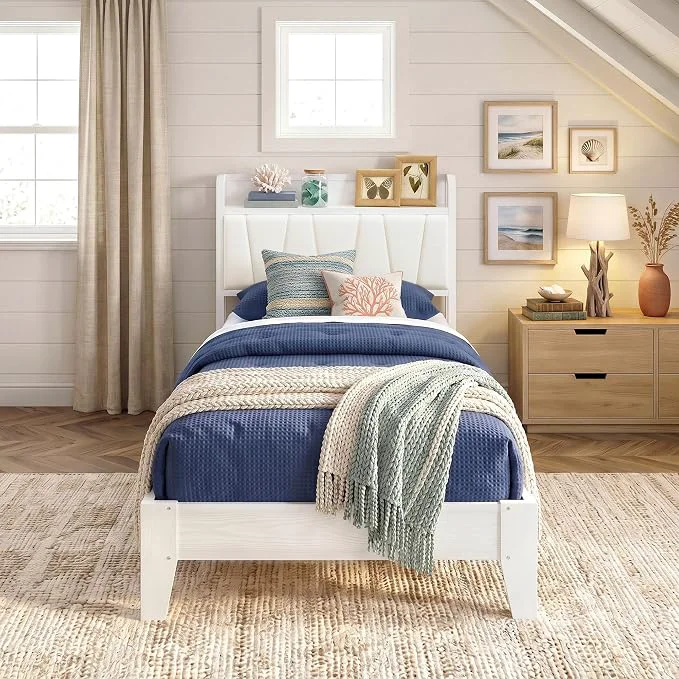 Refined LIKIMIO Twin XL Bed Frames PU Leather Storage Headboard with Charging Station Solid and Stable Noise No Box Spring Needed Easy Assembly White Verified