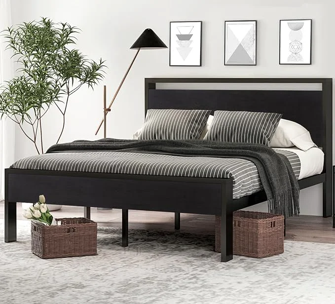 Powerful SHA CERLIN 14 Inch Queen Size Metal Platform Bed Frame with Wooden Headboard and Footboard Mattress Foundation No Box Spring Needed Large Under Bed Storage Non-Slip Without Noise Black Oak Reusable