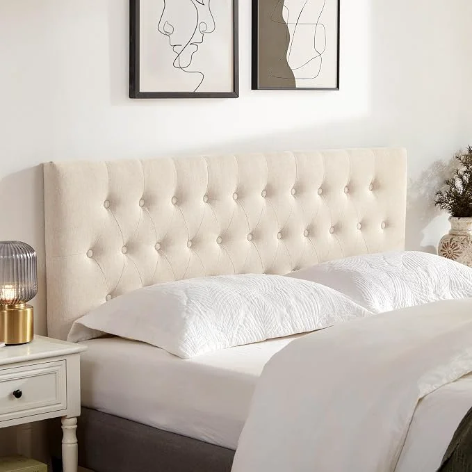 Tufted Upholstered Headboard King Size Adjustable Height 37- 51 in Beige Sturdy and Durable Solid Wood Bed Headboard Fabric King Headboard Only Modern Button Diamond Design Head Board Comfortable