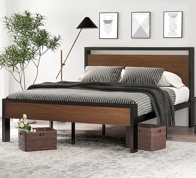 Innovative SHA CERLIN 14 Inch Queen Size Metal Platform Bed Frame with Wooden Headboard and Footboard Mattress Foundation No Box Spring Needed Large Under Bed Storage Non-Slip Without Noise Walnut Certified