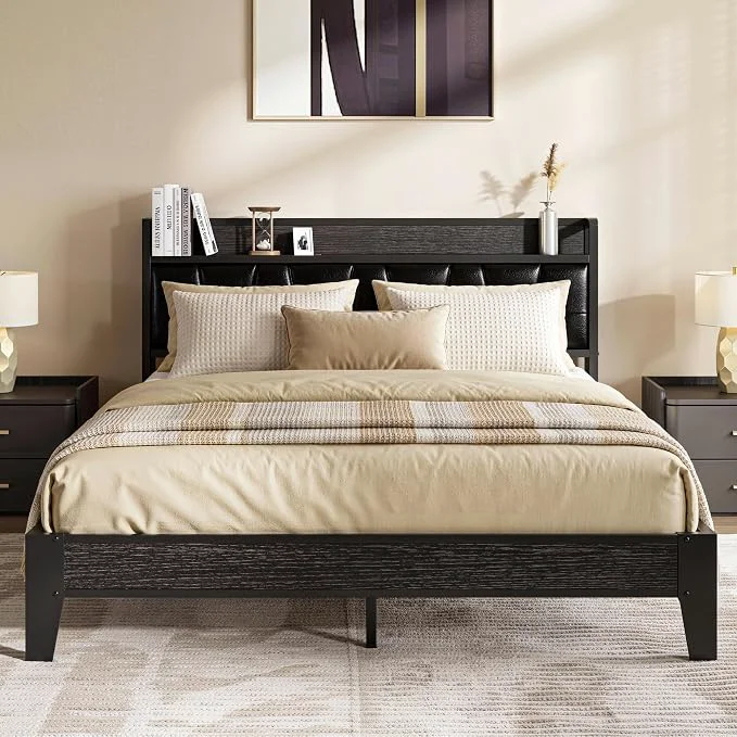 Reliable LIKIMIO Full Size Bed Frame PU Leather Storage Headboard with Charging Station Solid and Stable Noise No Box Spring Needed Easy Assembly Black Fine Crafted