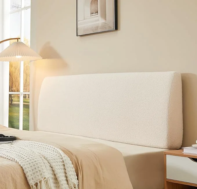 Recyclable 4.7 quot Upholstered Headboard for King Size Bed Height Adjustable and Ergonomic Headboard Easy Assemble Sturdy and Durable Teddy Velvet Beige Crafted
