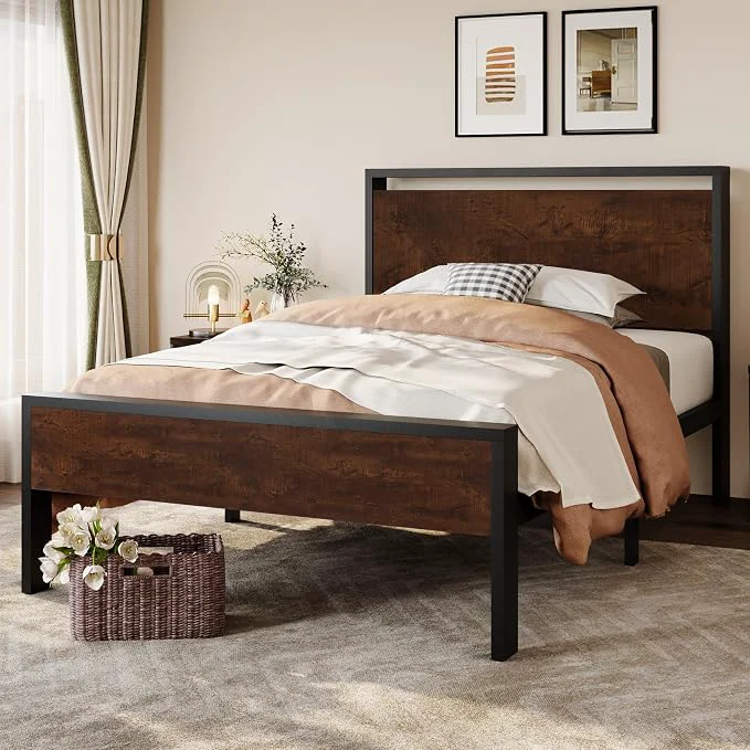 Secure SHA CERLIN 14 Inch Twin Size Metal Platform Bed Frame with Wooden Headboard and Footboard Mattress Foundation No Box Spring Needed Large Under Bed Storage Heavy Duty Slats Support Mahogany Consistent
