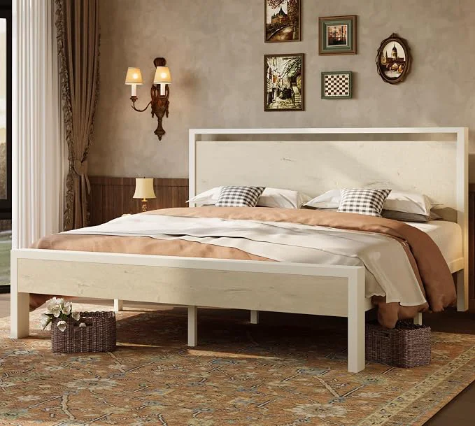Authentic SHA CERLIN 14 Inch King Metal Platform Bed Frame with Wooden Headboard and Footboard No Box Spring Needed Large Under Bed Storage Heavy Duty Slats Support White Washed Oak Premium