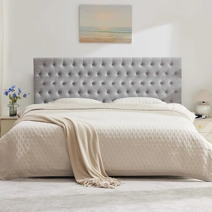 High-Performance Upholstered Queen Headboard Only Premium Linen Button Tufted Headboards Adjustable Solid Wood Head Board Padded Headboard with Solid Wood Legs in Bedroom Grey Minimalist