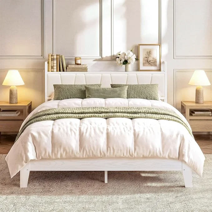 Healthy LIKIMIO Queen Bed Frames PU Leather Storage Headboard with Charging Station Solid and Stable Noise No Box Spring Needed Easy Assembly White Artisan