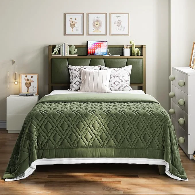 Elegant LIKIMIO Twin Bed Frame Storage Headboard with Charging Station Solid and Stable Noise No Box Spring Needed Easy Assembly Dark Green Practical