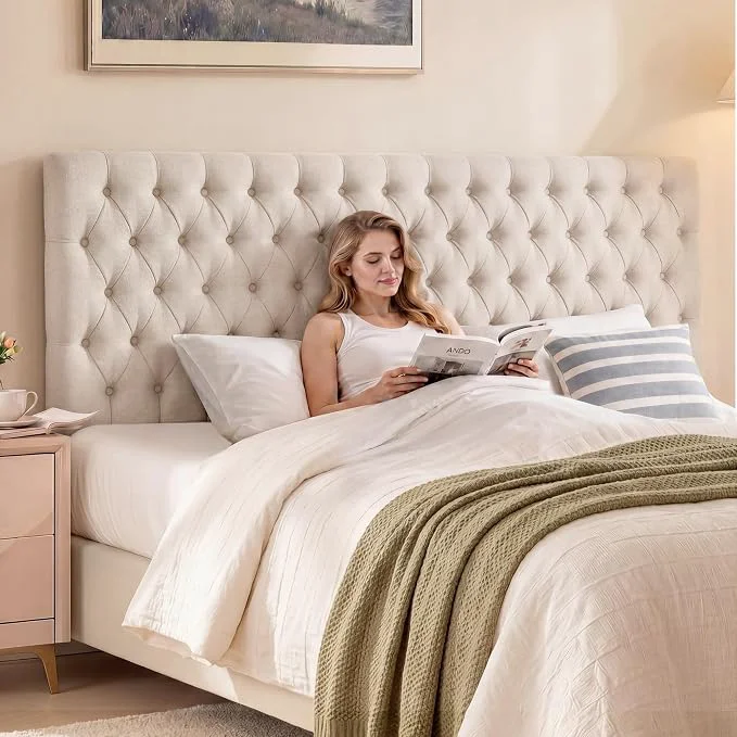 Crafted Upholstered Queen Headboard Only Premium Linen Button Tufted Headboards Adjustable Solid Wood Head Board Padded Headboard with Solid Wood Legs in Bedroom Beige Selected
