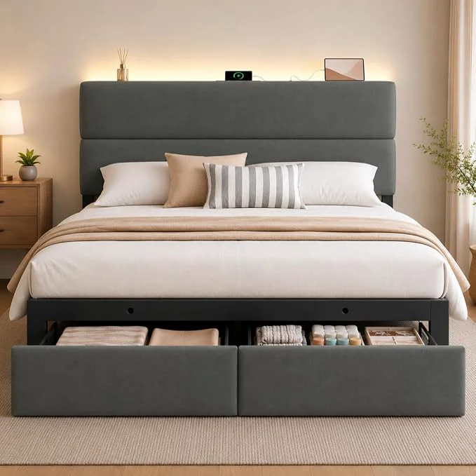 High-Grade Queen Bed Frame with 2 Storage Drawers Grey Velvet Upholstered Platform Bed with Charging Ledge LED Headboard Lighting Metal Support Noise No Box Spring Needed Easy Assembly Convenient