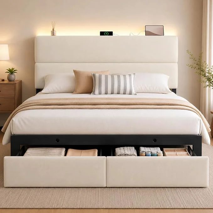Optimized Queen Bed Frame with 2 Storage Drawers Beige Velvet Upholstered Platform Bed with Charging Ledge LED Headboard Lighting Metal Support Noise No Box Spring Needed Easy Assembly Quality