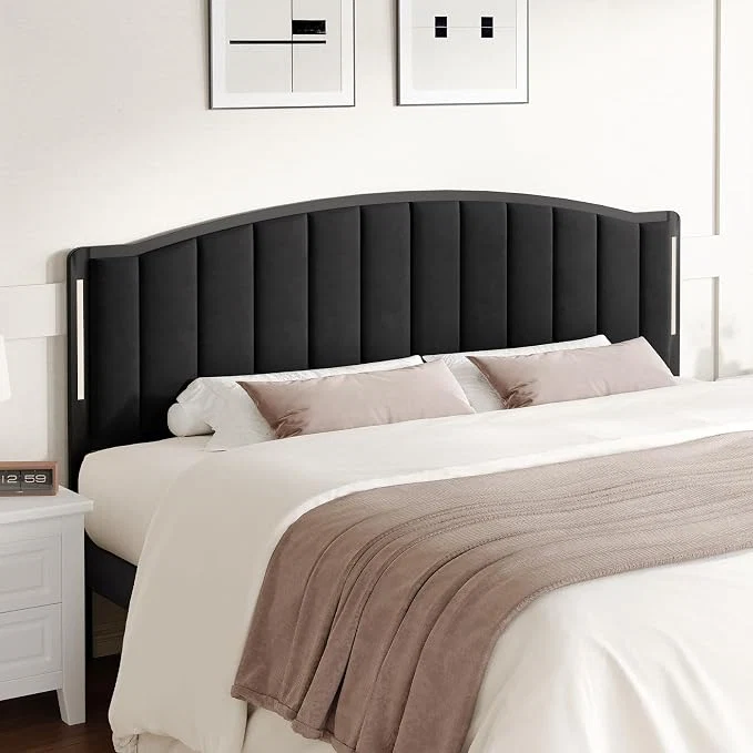 Smooth Headboard for Queen Size Bed with LED Lights Upholstered Vertical Channel Tufting Head Boards Velvet Headboard Only Attach Frame I for Bedroom Dorm Guest Room Black Fast