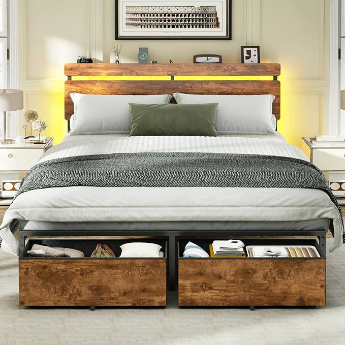 Durable Forestell Queen Bed Frame with Wood Headboard 2 Storage Drawers amp Shelf Built-in Charging Station amp LED Lights Metal Support No Box Spring Needed noise- easy assembly Smart RGB USB Type-C Dependable