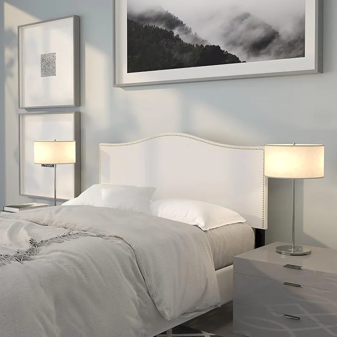 Optimized EMMA OLIVER Upholstered Full Size Headboard with Nailtrim in White Fabric Certified