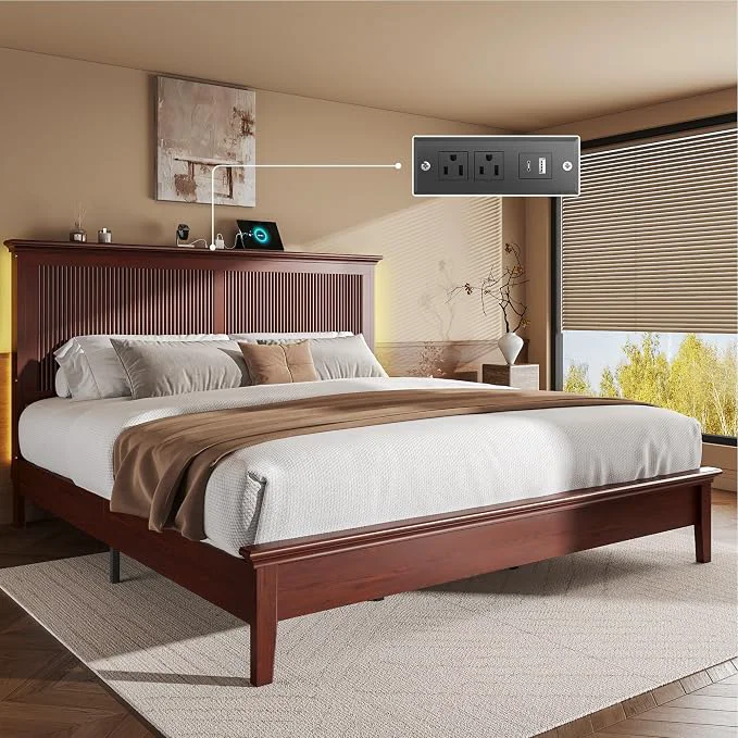 Unique Lifezone King Bed Frame with Headboard Solid Wood Bed Frame King Size with Charging Station amp RGB LED Wood Slats Support Noise- Sturdy Structure Easy Assembly Mahogany Crafted