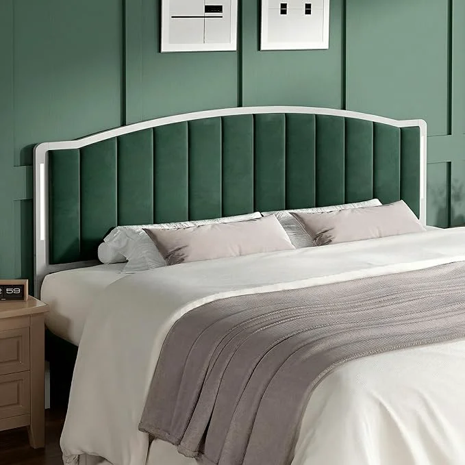 Convenient Headboard for Queen Size Bed with LED Lights Upholstered Vertical Channel Tufting Head Boards Velvet Headboard Only Attach Frame I for Bedroom Dorm Guest Room Green Detailed