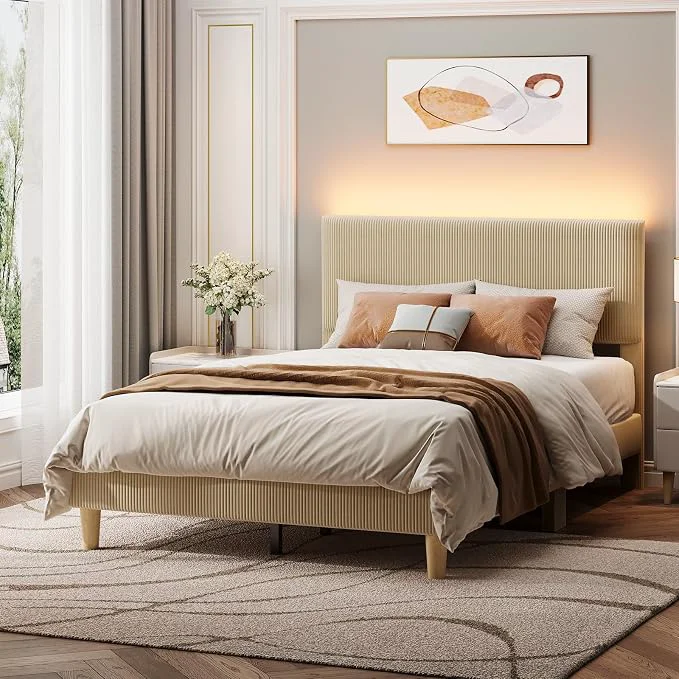 Trendy ier Full Size Bed Frame with Adjustable Headboard LED Light Taupe Wood Slats Support Easy Assembly LED Lighting Headboard No Squeaks Vertical Channel Corduroy Upholstered No Box Spring Needed Safe