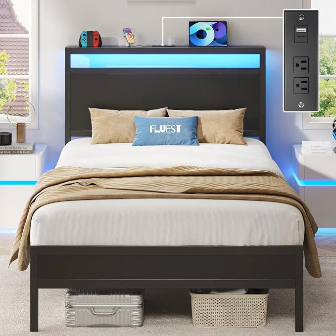 Luxury Fluest Twin Bed Frame with Headboard amp Footboard Twin Bed Frame with Charging Station amp LED Light Under-Bed-Storage No Box Spring Needed Noise Easy Assembly Classic Black Official