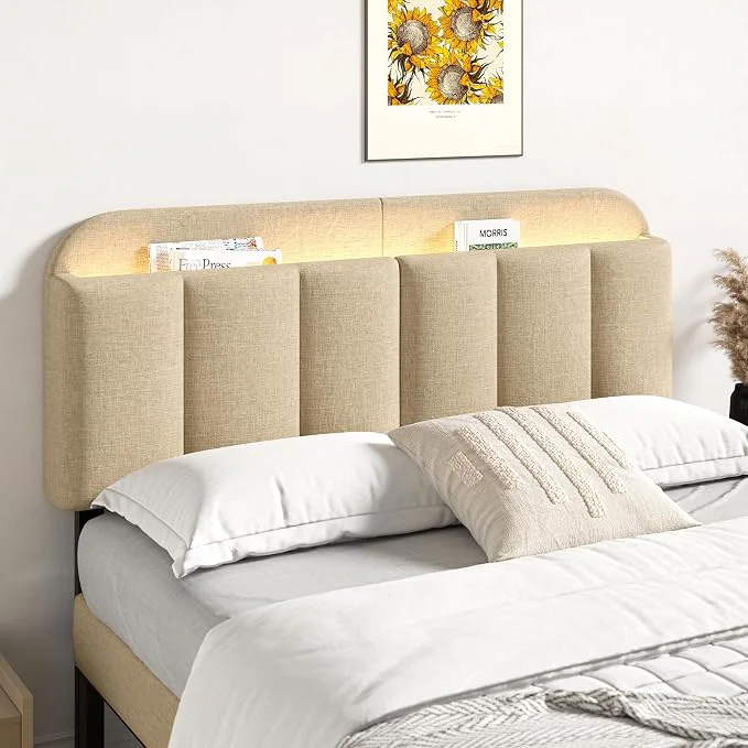 Next-Generation Adjustable Headboard for Full Queen Size Bed Frame Linen Fabric Bed Headboard with Storage amp RGB LED Light in Modern Vertical Channel Design Beige Easy-to-Use