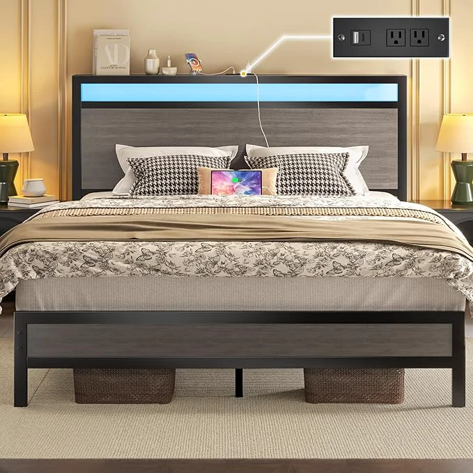 Safe Fluest Queen Bed Frame with Headboard amp Footboard Bed Frame with Built-in Charging Station amp LED Light Storage Shelf Noise- No Box Spring Needed Easy Assembly Rustic Grey Crafted
