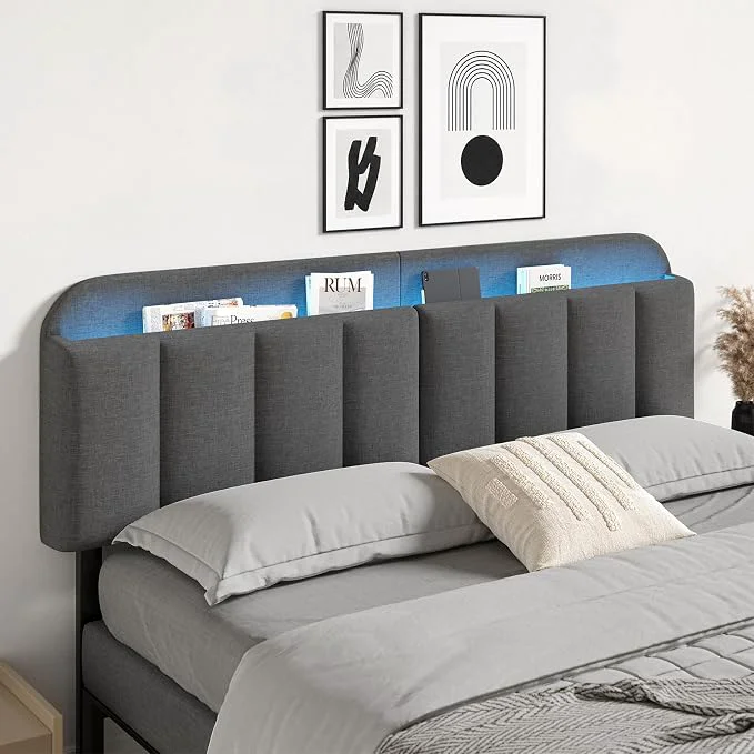 Prestigious Adjustable Headboard for King California King Size Bed Frame Linen Fabric Bed Headboard with Storage amp RGB LED Light in Modern Vertical Channel Design Dark Grey Excellent
