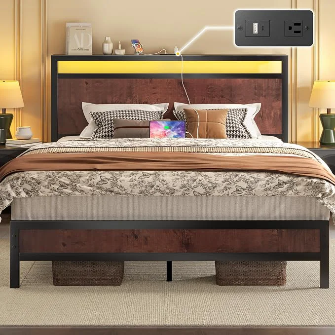 Elite Fluest Queen Bed Frame with Headboard amp Footboard Bed Frame with Built-in Charging Station amp LED Light Storage Shelf Noise- No Box Spring Needed Easy Assembly Coffee Brown Professional
