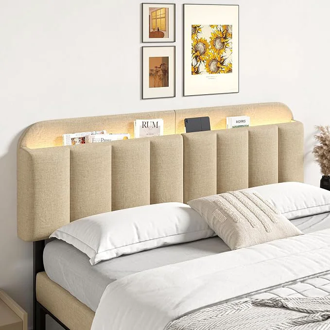 Casual Adjustable Headboard for King California King Size Bed Frame Linen Fabric Bed Headboard with Storage amp RGB LED Light in Modern Vertical Channel Design Beige Detailed