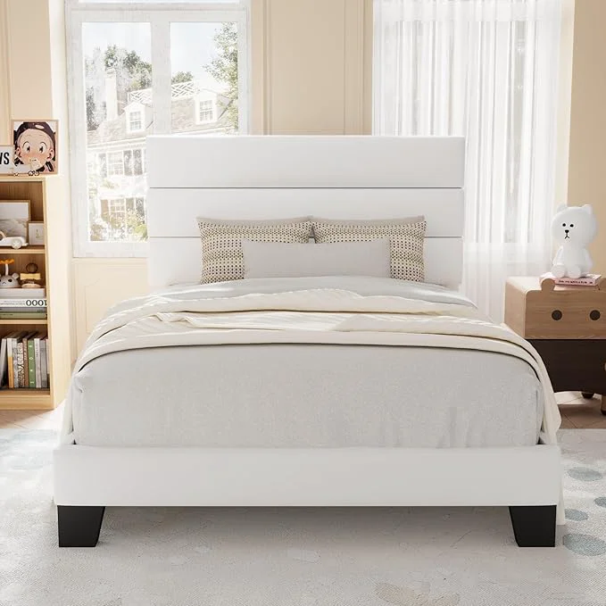 Quality Allewie Twin Size Platform Bed Frame with Velvet Upholstered Headboard Wooden Slats Support Fully Upholstered Mattress Foundation No Box Spring Needed Easy Assembly Noise- White Fast