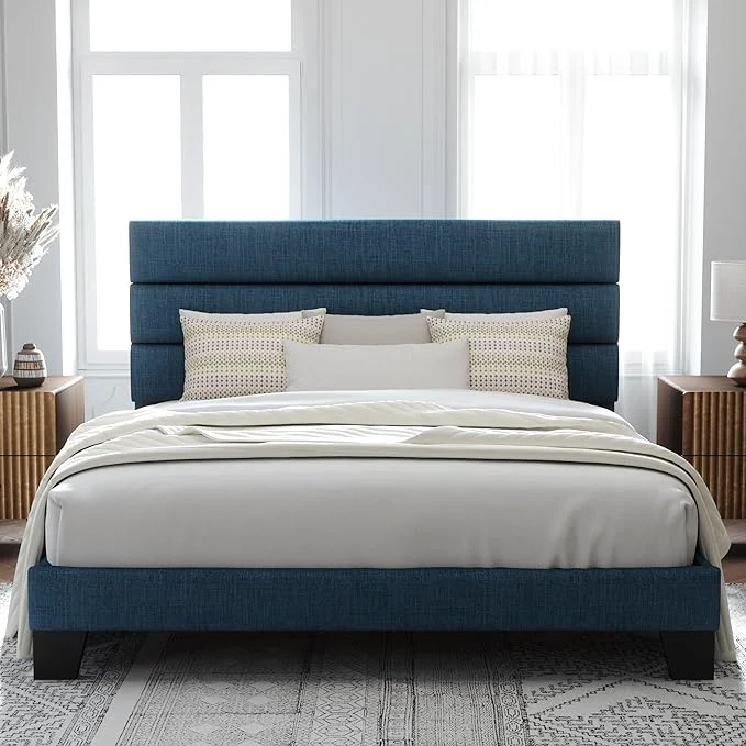 Carefully Designed Allewie King Size Platform Bed Frame with Fabric Upholstered Headboard Blue Wooden Slats Support Fully Upholstered Mattress Foundation No Box Spring Needed Easy Assembly Noise- Blue Detailed