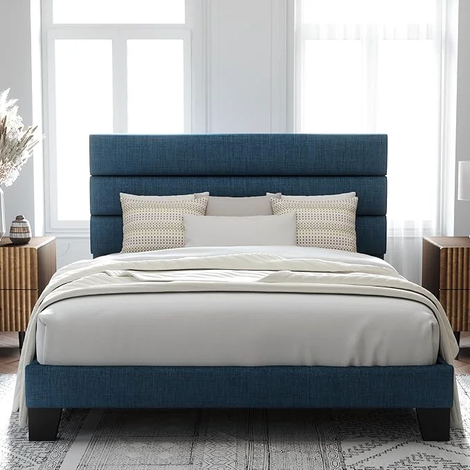 Healthy Allewie Full Size Platform Bed Frame with Fabric Upholstered Headboard Blue Wooden Slats Support Fully Upholstered Mattress Foundation No Box Spring Needed Easy Assembly Noise- Blue Stylish