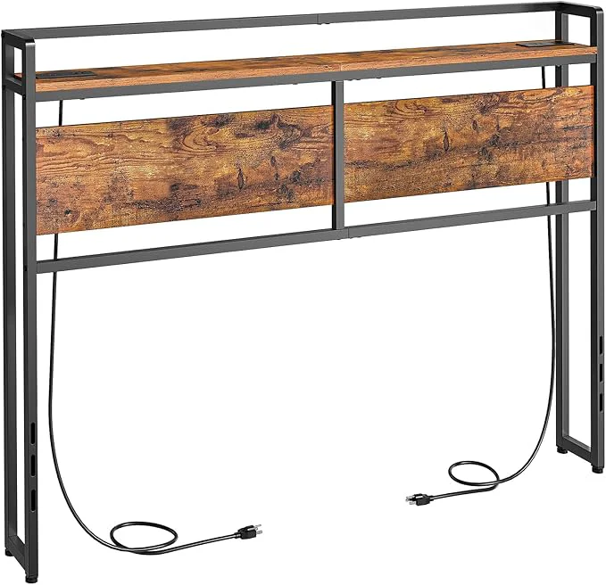 Breathable HOOBRO Headboard Full Size Headboard with 2 Outlets and 4 USB Ports Adjustable Height Storage Rack Sturdy and Stable Easy Assembly Rustic Brown and Black Elite