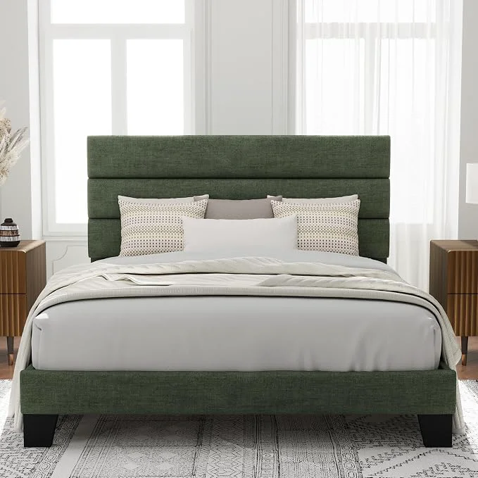 Fine Crafted Allewie Full Size Platform Bed Frame with Fabric Upholstered Headboard and Wooden Slats Support Fully Upholstered Mattress Foundation No Box Spring Needed Easy Assembly Green