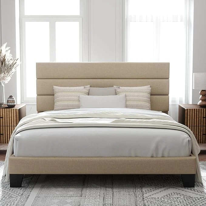 Classic Allewie King Size Platform Bed Frame with Fabric Upholstered Headboard and Wooden Slats Support Fully Upholstered Mattress Foundation No Box Spring Needed Easy Assembly Beige Prestigious