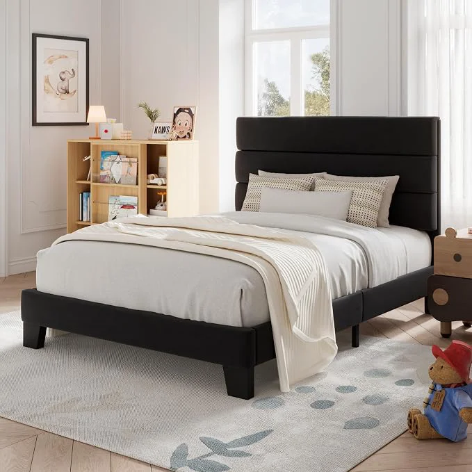 Solid Allewie Twin Size Platform Bed Frame with Velvet Upholstered Headboard Wooden Slats Support Fully Upholstered Mattress Foundation No Box Spring Needed Easy Assembly Noise- Black Optimized