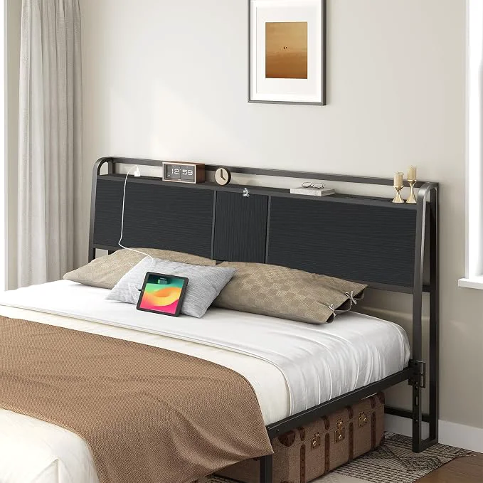 Professional MAHANCRIS Headboard King Size with 2 Power Strips and Flip Door Storage Industrial King Headboard with Adjustable Bed Frame Adapters 95° Backrest Easy Assembly Sturdy Construction Black Traditional