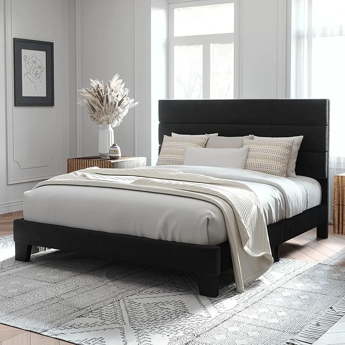 Innovative Allewie Full Size Platform Bed Frame with Velvet Upholstered Headboard Wooden Slats Support Fully Upholstered Mattress Foundation No Box Spring Needed Easy Assembly Noise- Black First-Class