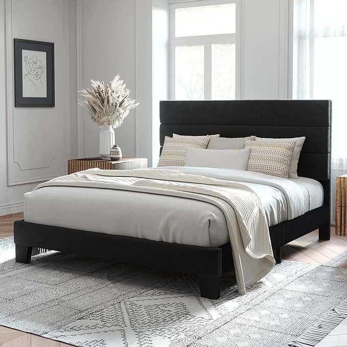 Classic Allewie Queen Size Platform Bed Frame with Velvet Upholstered Headboard Wooden Slats Support Fully Upholstered Mattress Foundation No Box Spring Needed Easy Assembly Noise- Black Genuine