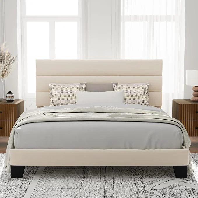 Powerful Allewie King Size Platform Bed Frame with Velvet Upholstered Headboard and Wooden Slats Support Fully Upholstered Mattress Foundation No Box Spring Needed Easy Assembly Cream Premium Material