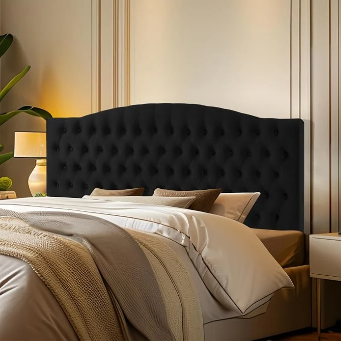 High-Performance Furpopup Velvet Upholstered Headboard King Cal King Size Latest Model Wall Mount Bed Frame Mount Featuring High-Density Sponge Padding Luxury Texture Easy Assembly Comfort and Style-Black Traditional