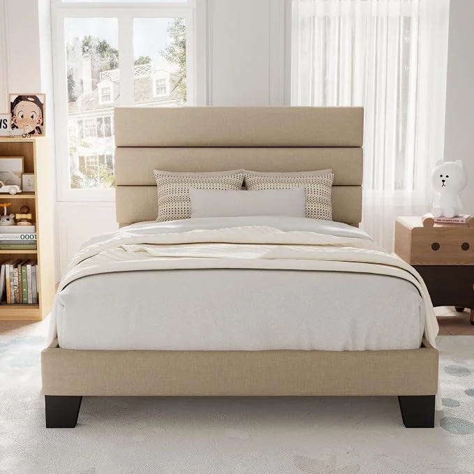 Green Allewie Twin Size Platform Bed Frame with Fabric Upholstered Headboard Wooden Slats Support Fully Upholstered Mattress Foundation No Box Spring Needed Easy Assembly Noise- Beige Prestigious