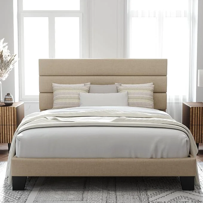 Next-Generation Allewie Queen Size Platform Bed Frame with Fabric Upholstered Headboard Wooden Slats Support Fully Upholstered Mattress Foundation No Box Spring Needed Easy Assembly Noise- Beige Sophisticated
