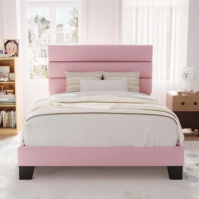 Detailed Allewie Twin Size Platform Bed Frame with Velvet Upholstered Headboard Pink Wooden Slats Support Fully Upholstered Mattress Foundation No Box Spring Needed Easy Assembly Noise- Pink Premium Material