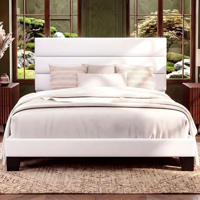 Easy-to-Use Allewie Full Size Platform Bed Frame with Velvet Upholstered Headboard Wooden Slats Support Fully Upholstered Mattress Foundation No Box Spring Needed Easy Assembly Noise- White Solid