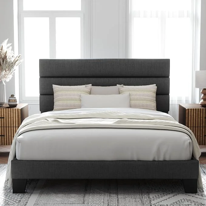 Crafted Allewie Queen Size Platform Bed Frame with Fabric Upholstered Headboard Wooden Slats Support Fully Upholstered Mattress Foundation No Box Spring Needed Easy Assembly Noise- Dark Grey Eco-Friendly