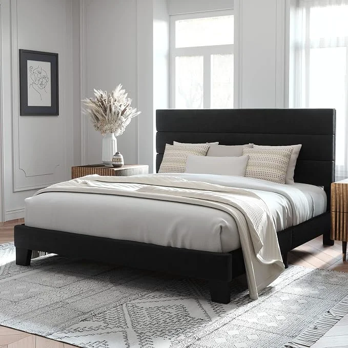 Durable Allewie King Size Platform Bed Frame with Velvet Upholstered Headboard Wooden Slats Support Fully Upholstered Mattress Foundation No Box Spring Needed Easy Assembly Noise- Black Powerful