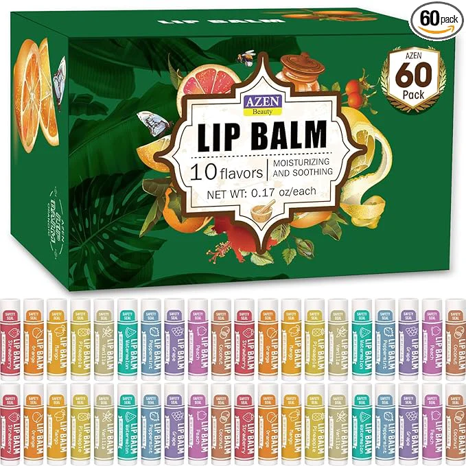 Expertly Made AZEN 60 Pack Lip Balm Natural Lip Balm Bulk Lip Care Product Moisturizing Responsible