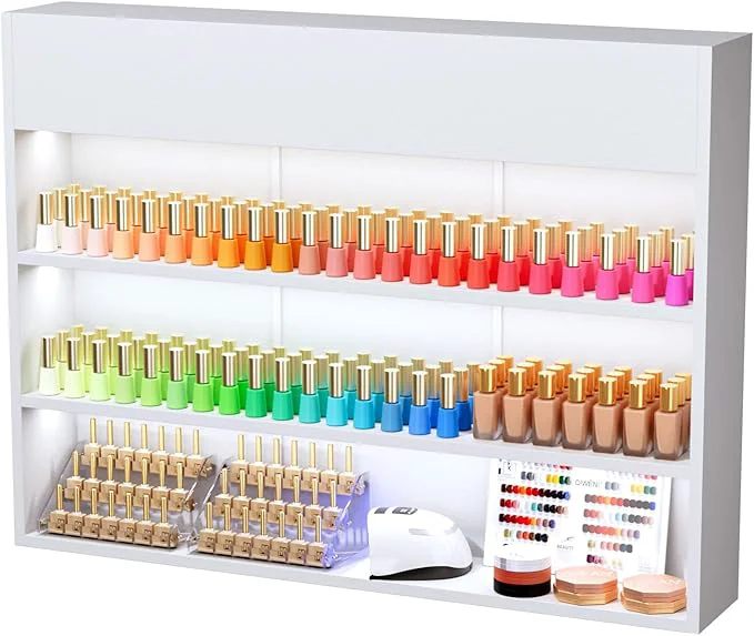 World-Class OmySalon Wall Mounted Display Rack 47.6-Inch 3-Tier LED Nail Polish Organizer Easy-to-Use