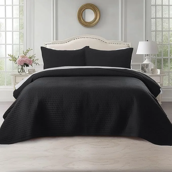 Efficient KASENTEX King XL Quilt Set 108 quot x98 quot – Soft Washed 3-Layer Lightweight Bedspread Minimalist Nordic Design All-Season Spring amp Summer Quilt Set 1 Quilt 2 Pillow Shams Jet Black Sophisticated