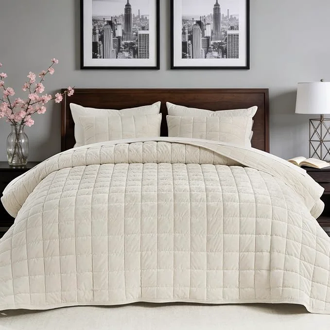 Top-Quality Greek Velvet Queen Quilt Set 3× Softer Luxe Sheen Cotton Backing 150GSM Down- Fill Expanded 98×98 quot Coverage for Fuller Side Drape 1 Quilt 2 Pillow Shams Whisper White Luxury