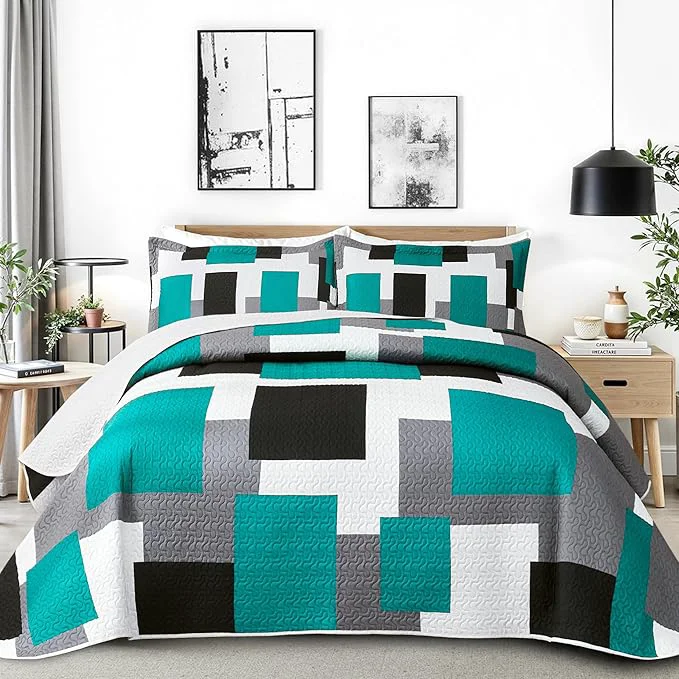 Flexible 3 Piece Teal Turquoise Quilt Set California King Size Black Grey Geometric Reversible Bedding Set Microfiber Lightweight Bedspread Coverlet with 2 Shams Bed Covers for All Season 118 39 39 x106 39 39 Crafted